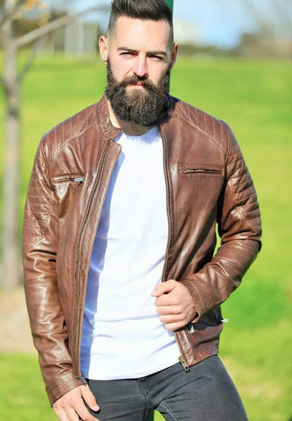 Men's Chocolate Brown Leather Biker Jacket - Bold and Refined