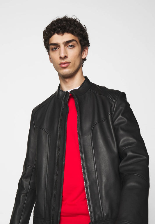 Men's Classic Black Leather Biker Jacket - Timeless and Bold