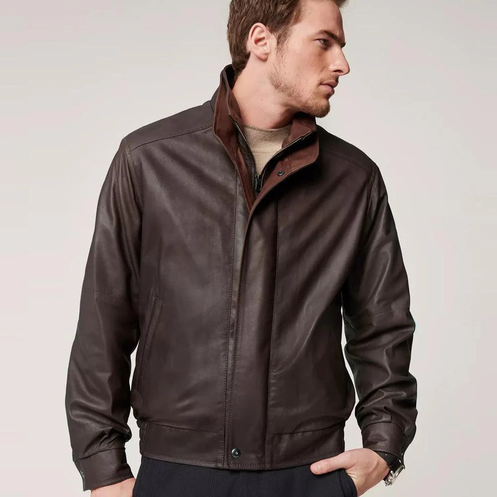 Men's Classic Brown Sheepskin Leather Aviator Bomber Jacket