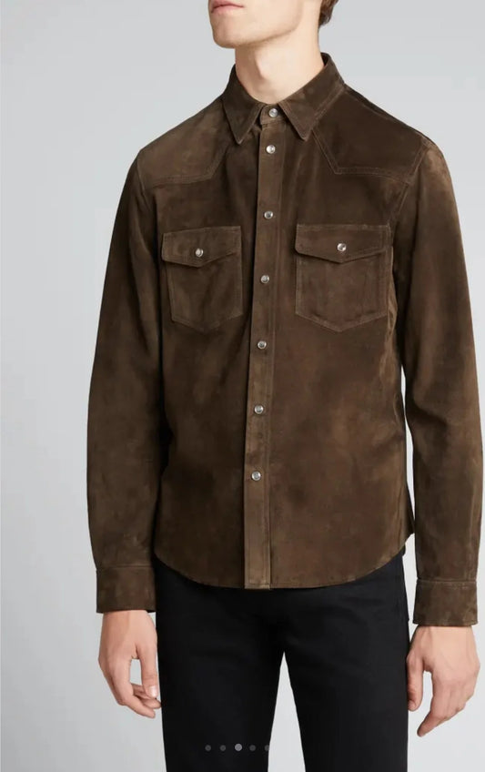 Men’s Classic Chocolate Brown Suede Leather Shirt - Refined Style and Comfort