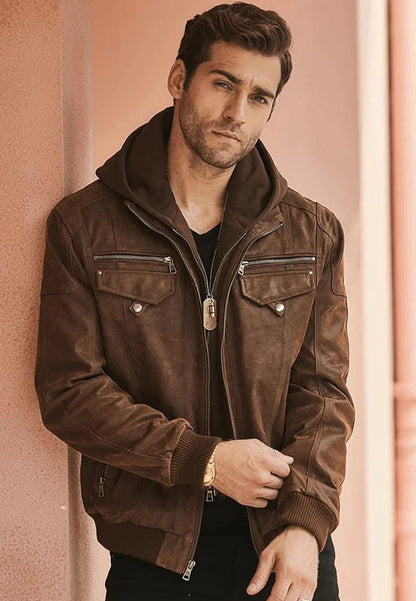 Men's Crunch Brown Leather Bomber Jacket with Removable Hood - Versatile and Stylish