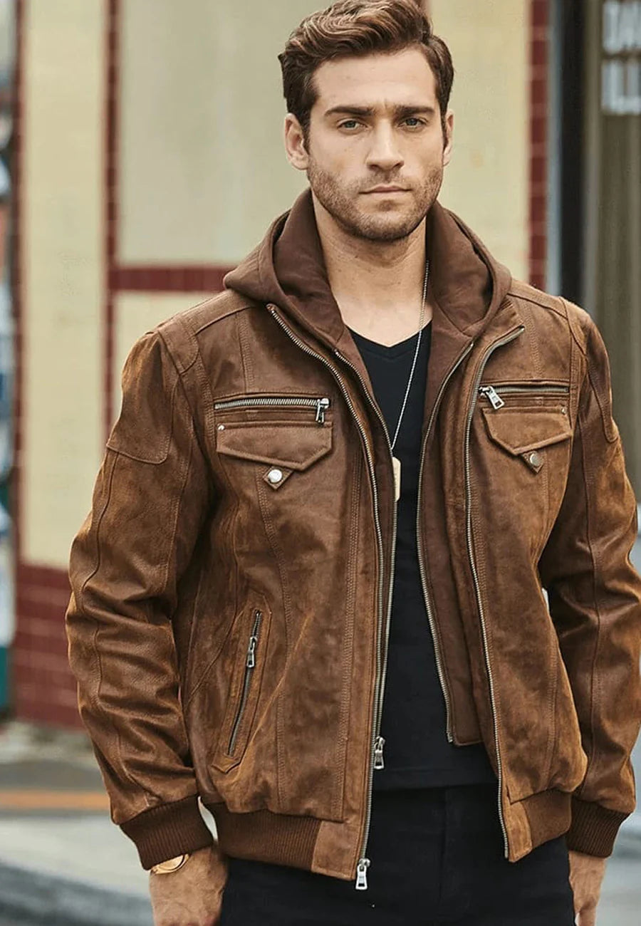 Men's Crunch Brown Leather Bomber Jacket with Removable Hood - Versatile and Stylish