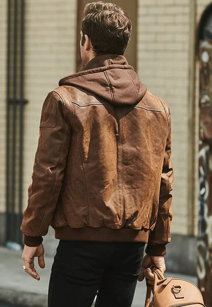 Men's Crunch Brown Leather Bomber Jacket with Removable Hood - Versatile and Stylish