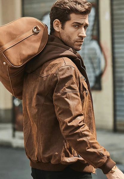 Men's Crunch Brown Leather Bomber Jacket with Removable Hood - Versatile and Stylish