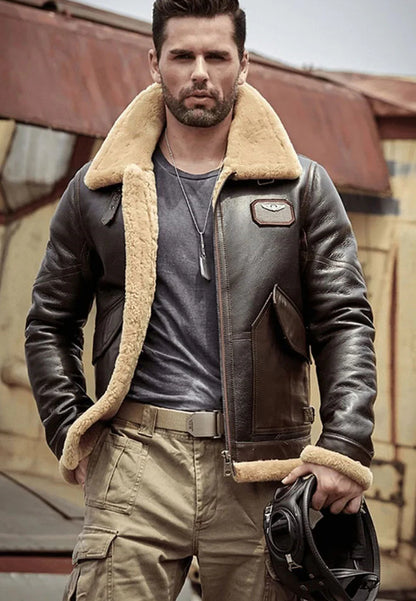 Men’s Dark Brown B3 Shearling Aviator Jacket - Classic Comfort and Style