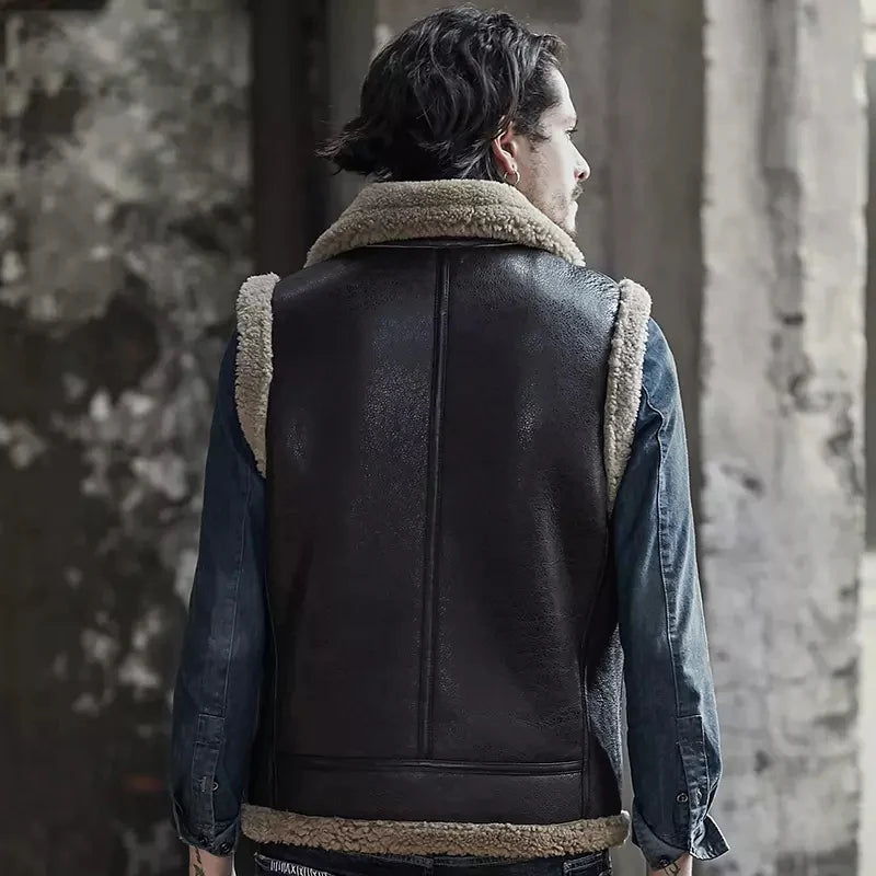 Men’s Dark Brown Leather Shearling Vest - Warmth and Style