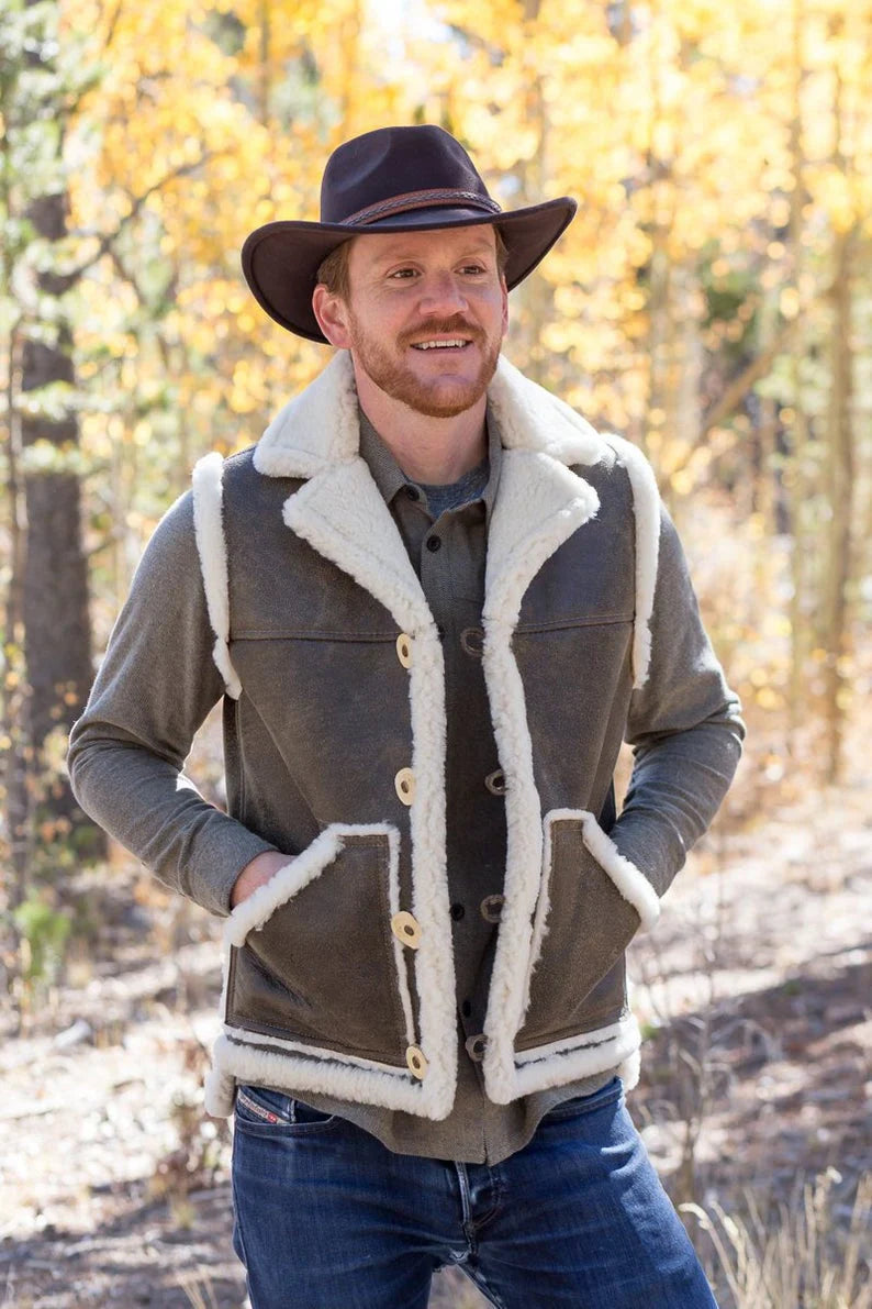 Men’s Distressed Dark Brown Leather Shearling Vest - Rugged Charm and Warmth