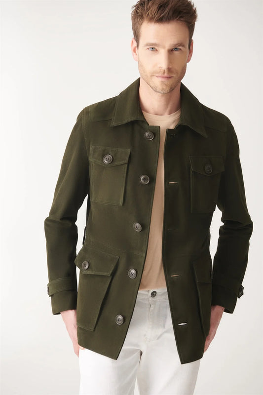 Men’s Green Suede Leather Trucker Coat - Stylish Utility and Comfort