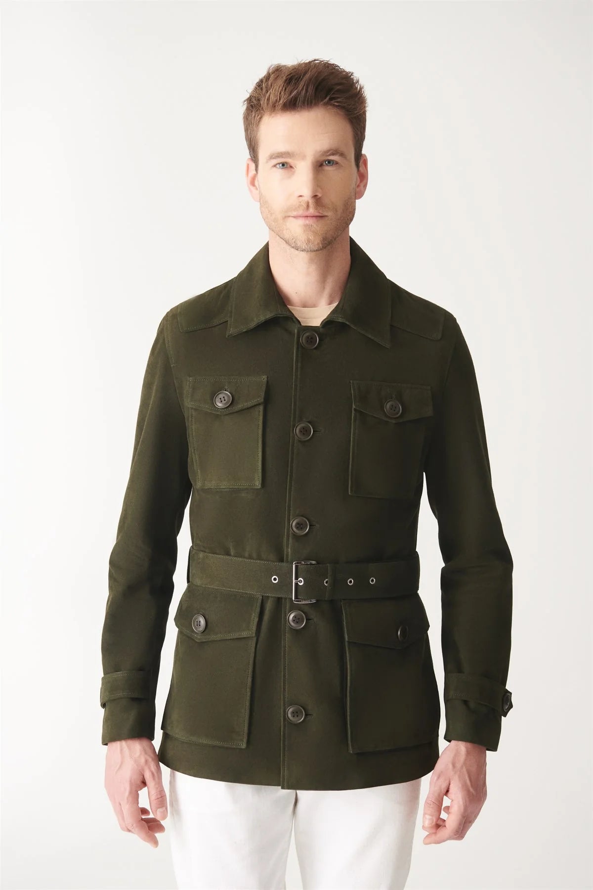 Men’s Green Suede Leather Trucker Coat - Stylish Utility and Comfort