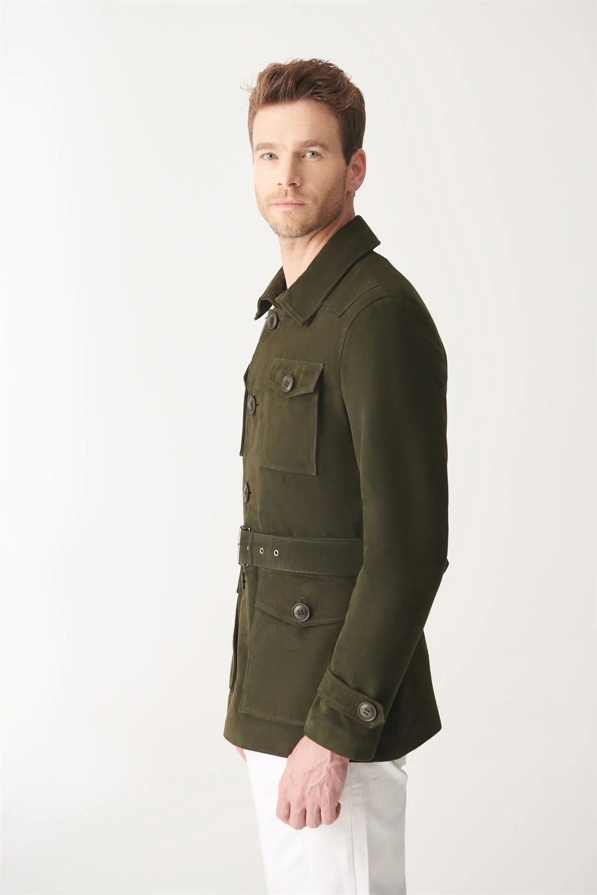 Men’s Green Suede Leather Trucker Coat - Stylish Utility and Comfort