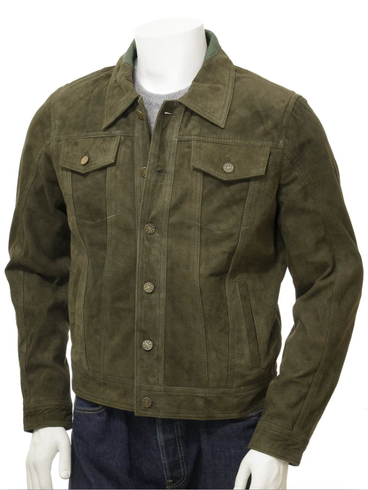 Men's Green Suede Leather Trucker Jacket