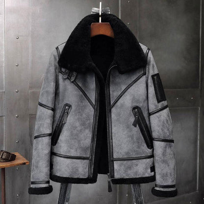 Men's Grey B3 Shearling Leather Bomber Jacket - Ultimate Warmth and Classic Style