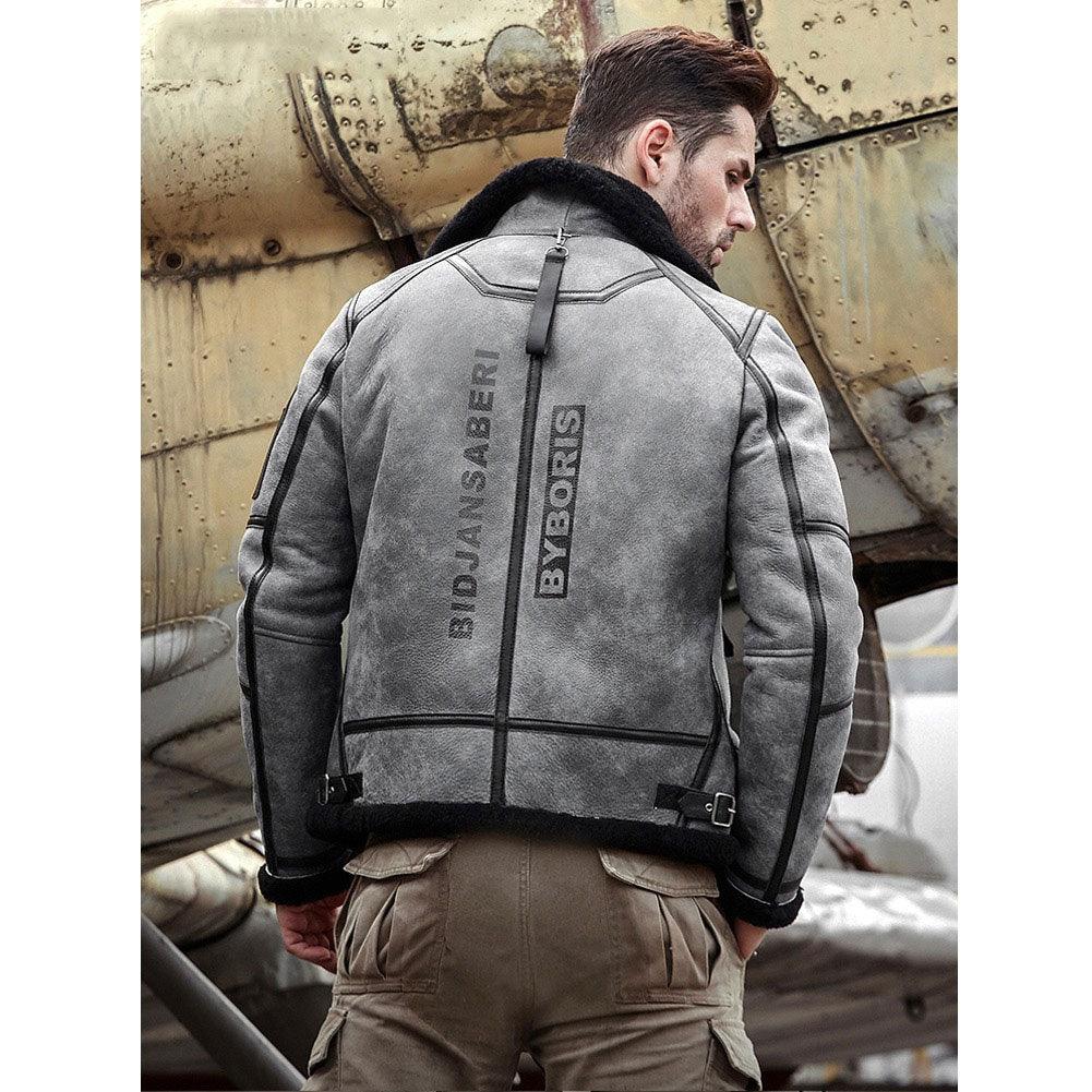 Men's Grey B3 Shearling Leather Bomber Jacket - Ultimate Warmth and Classic Style