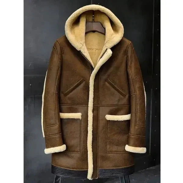 Men's Long Hooded Sheepskin Leather Winter Coat - Warmth and Elegance