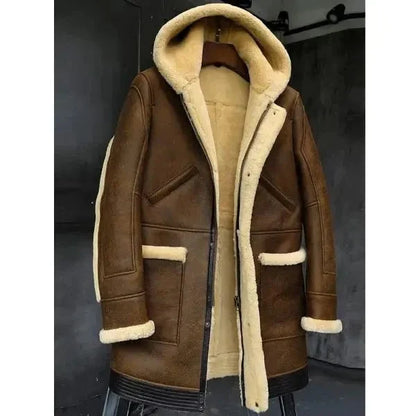 Men's Long Hooded Sheepskin Leather Winter Coat - Warmth and Elegance