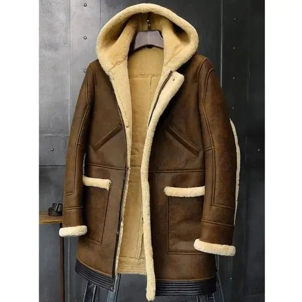 Men's Long Hooded Sheepskin Leather Winter Coat - Warmth and Elegance