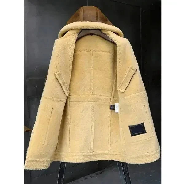 Men's Long Hooded Sheepskin Leather Winter Coat - Warmth and Elegance