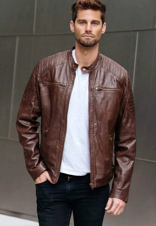 Men’s Maroon Leather Biker Jacket - Bold Style and Durability