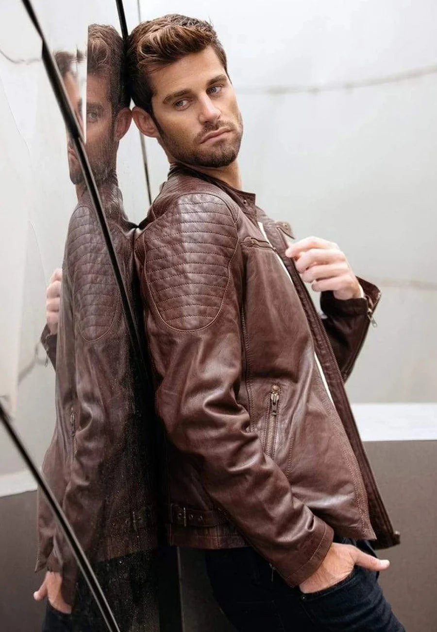 Men’s Maroon Leather Biker Jacket - Bold Style and Durability