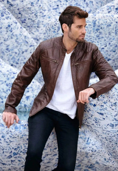 Men’s Maroon Leather Biker Jacket - Bold Style and Durability