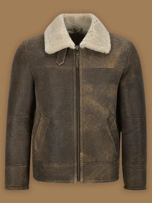  Vintage Brown Shearling Leather Bomber Jacket for Men