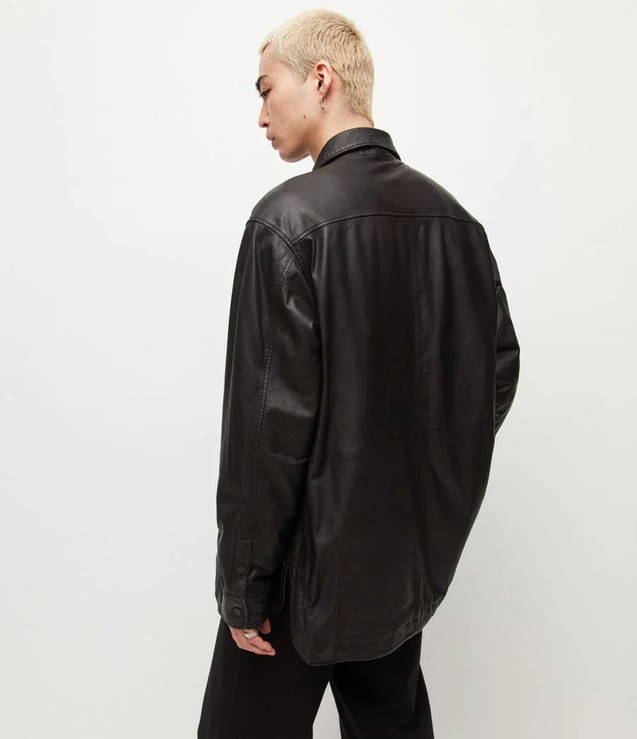 Men’s Black Oversized Genuine Sheepskin Leather Shirt - Comfort and Style