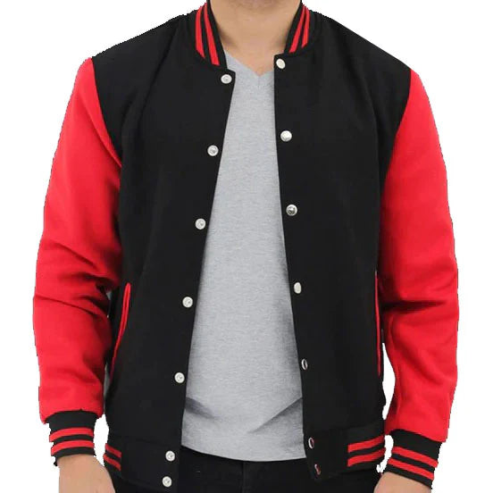 Men's Red and Black Baseball Varsity Jacket - Sporty and Stylish