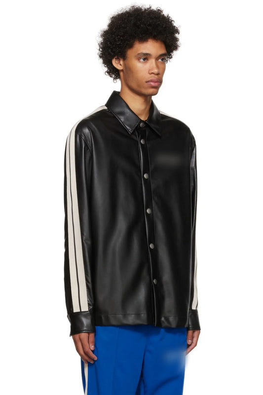 Men’s Black Genuine Leather Shirt with White Stripes - Modern Edge and Elegance