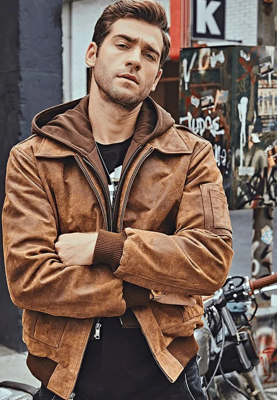 Men’s Tan Brown Distressed Leather Bomber Jacket with Removable Hood - Versatile and Stylish