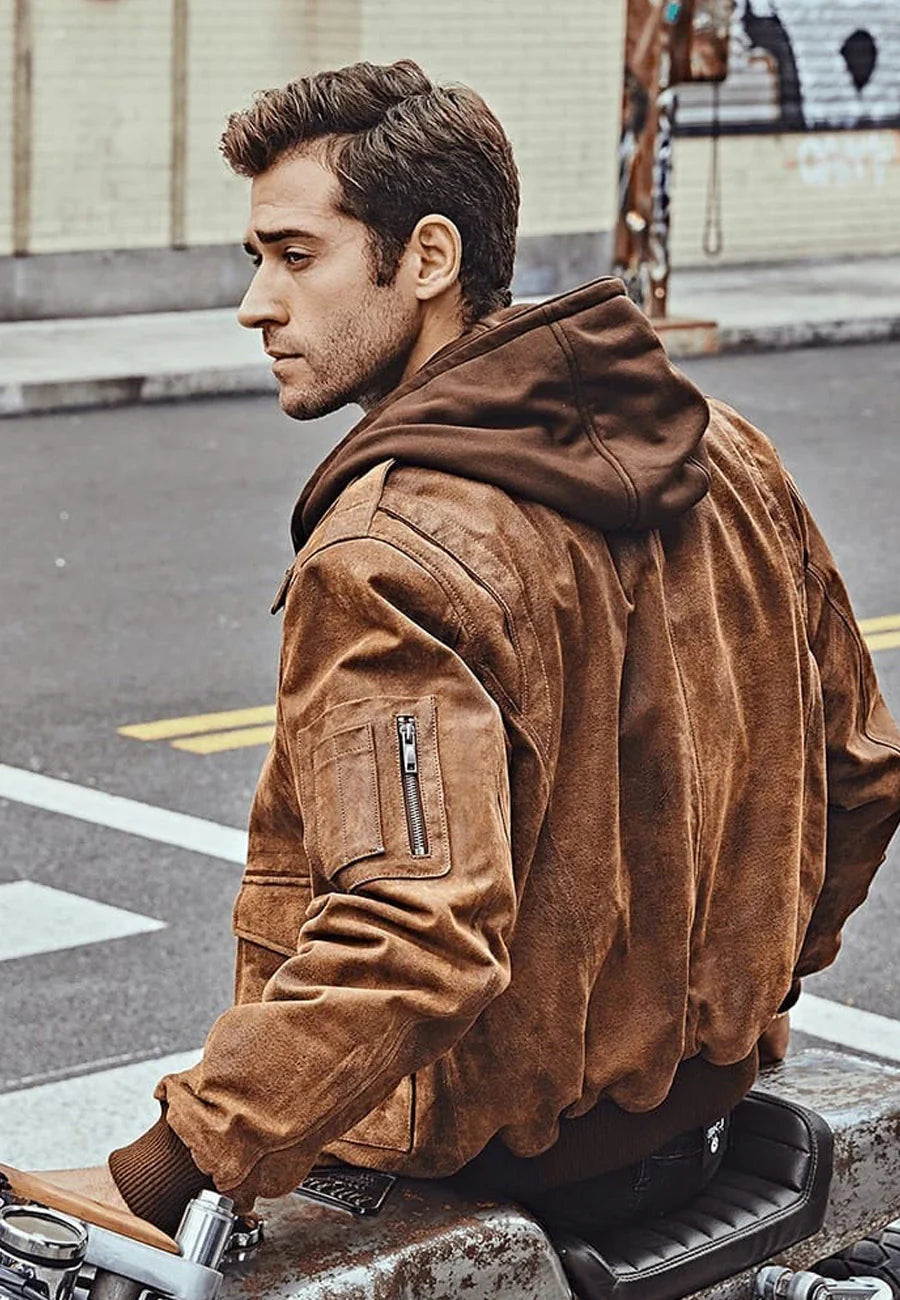 Men’s Tan Brown Distressed Leather Bomber Jacket with Removable Hood - Versatile and Stylish