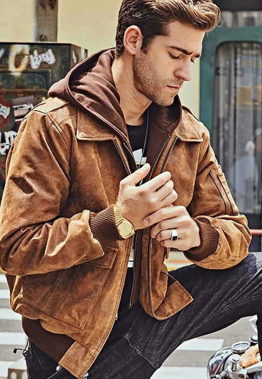 Men’s Tan Brown Distressed Leather Bomber Jacket with Removable Hood - Versatile and Stylish