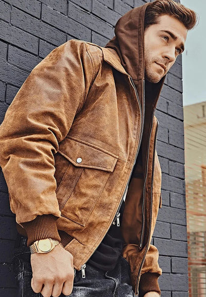 Men’s Tan Brown Distressed Leather Bomber Jacket with Removable Hood - Versatile and Stylish