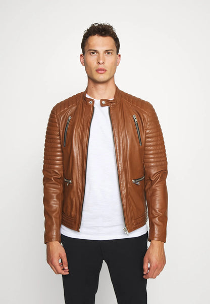 Men's Tan Brown Leather Biker Jacket - Rugged and Stylish