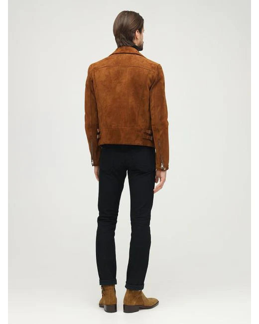 Men’s Tan Brown Suede Leather Biker Jacket - Classic Style and Comfort