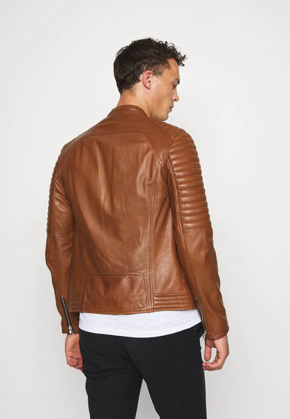 Men's Tan Brown Leather Biker Jacket - Rugged and Stylish