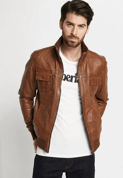 Men's Classic Tan Brown Leather Bomber Jacket - Timeless and Durable