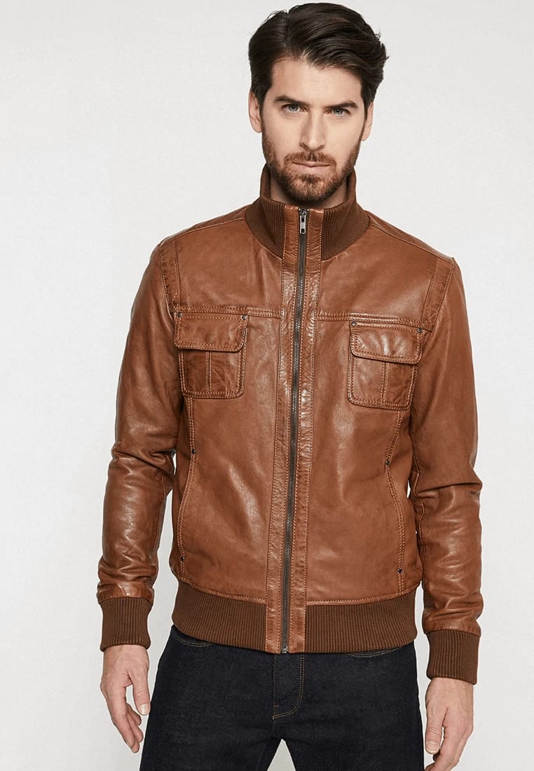 Men's Classic Tan Brown Leather Bomber Jacket - Timeless and Durable