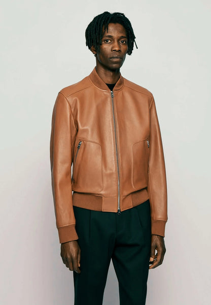  Men’s Tan Brown Leather Bomber Jacket - Timeless Style and Comfort