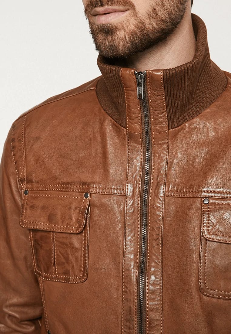 Men's Classic Tan Brown Leather Bomber Jacket - Timeless and Durable