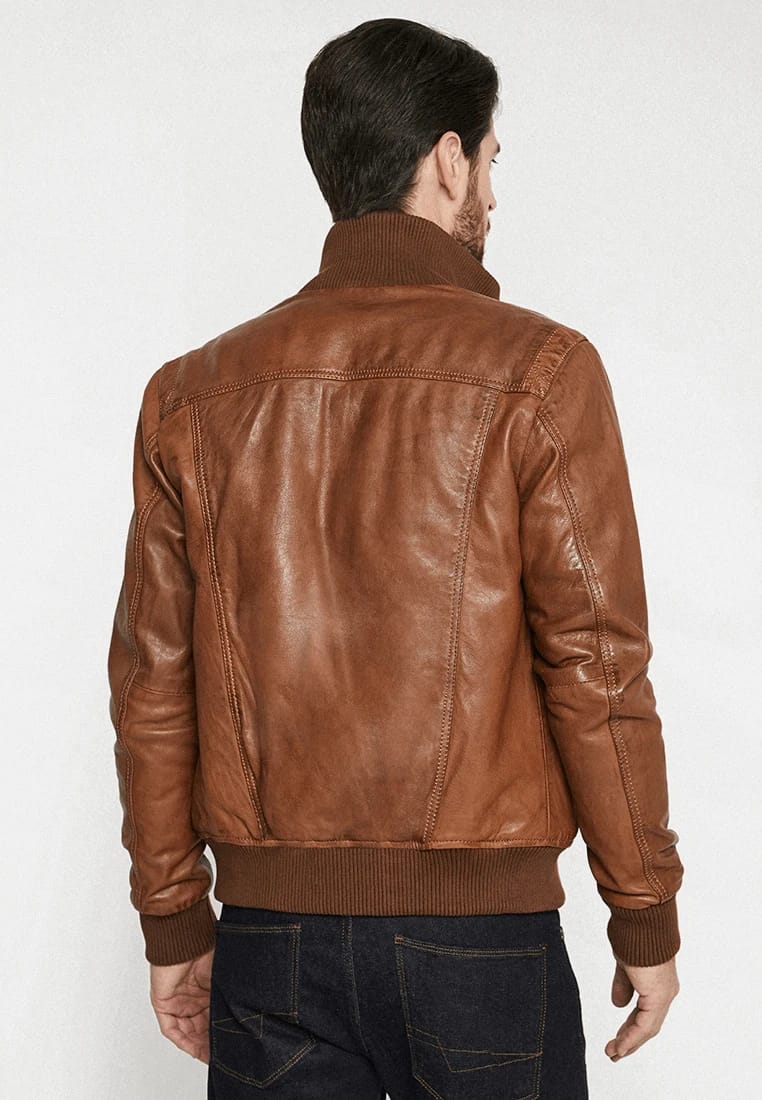 Men's Classic Tan Brown Leather Bomber Jacket - Timeless and Durable