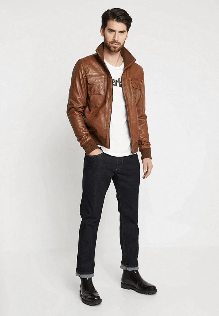 Men's Classic Tan Brown Leather Bomber Jacket - Timeless and Durable