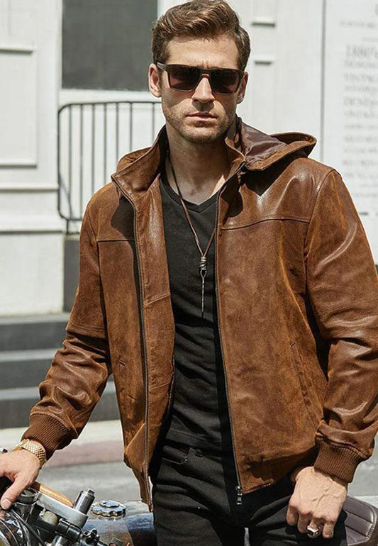 Men’s Tan Brown Leather Bomber Jacket with Removable Hood - Versatile and Stylish