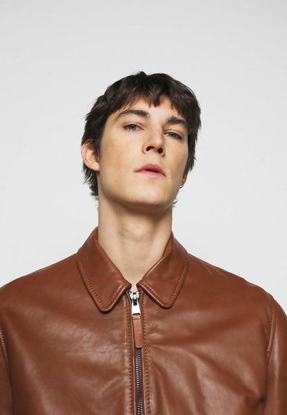  Men’s Tan Brown Leather Bomber Jacket - Classic Style and Comfort