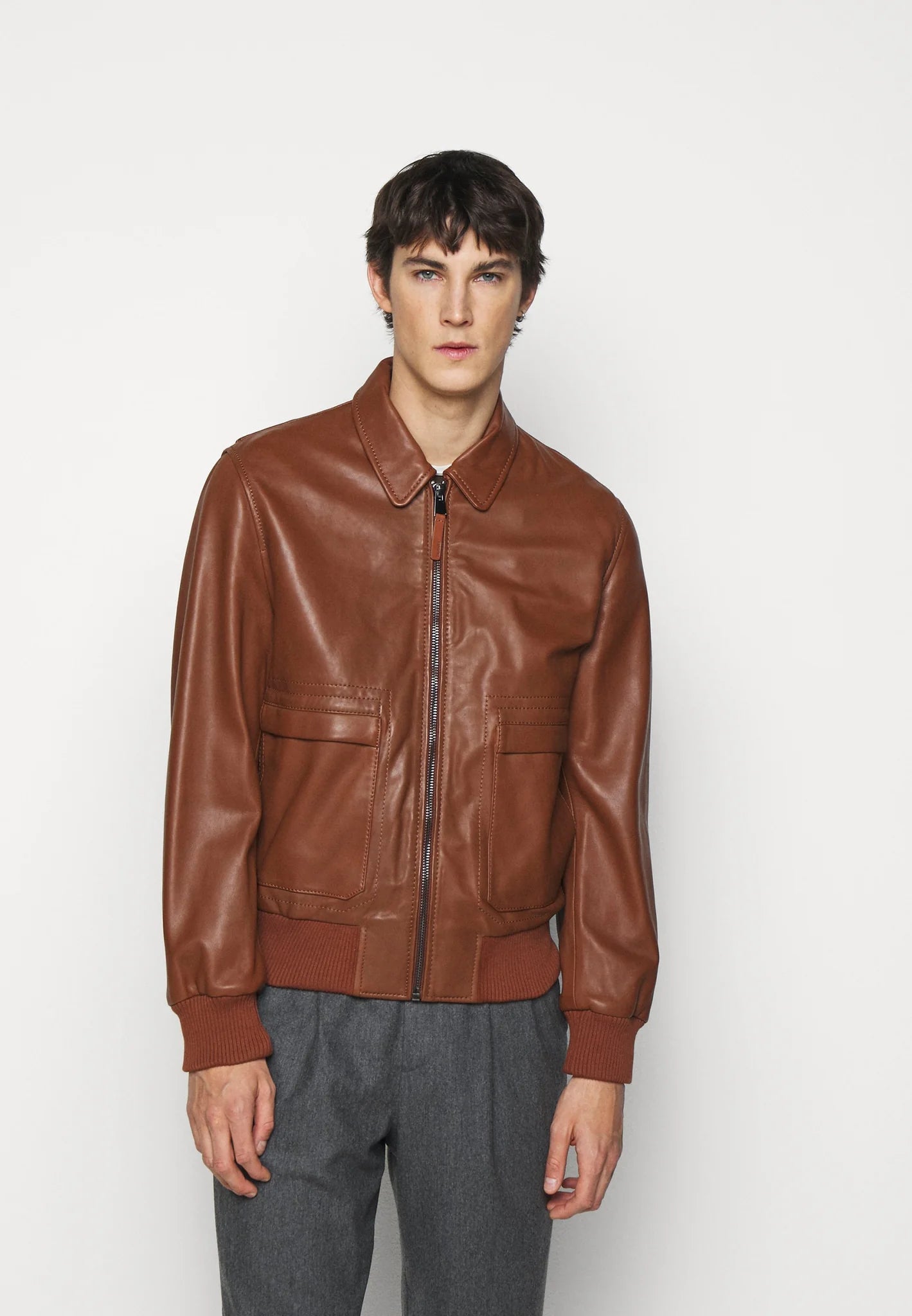  Men’s Tan Brown Leather Bomber Jacket - Classic Style and Comfort