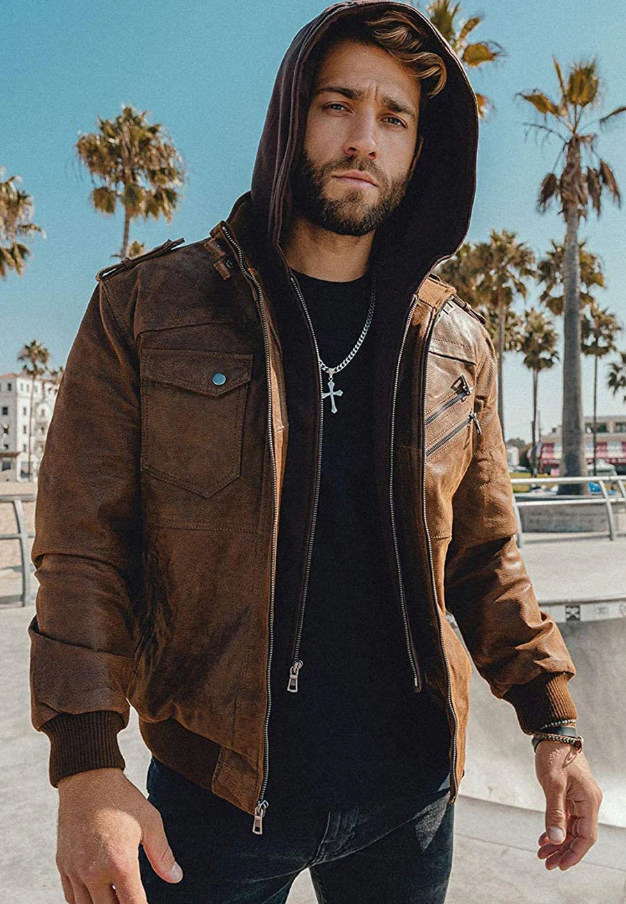 Men’s Tan Brown Leather Bomber Jacket with Removable Hood - Versatile and Stylish