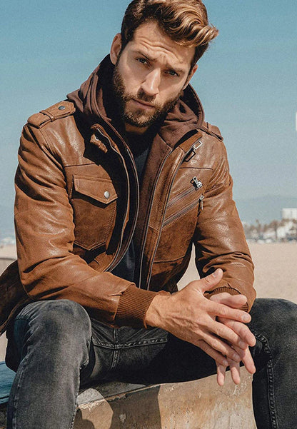 Men’s Tan Brown Leather Bomber Jacket with Removable Hood - Versatile and Stylish