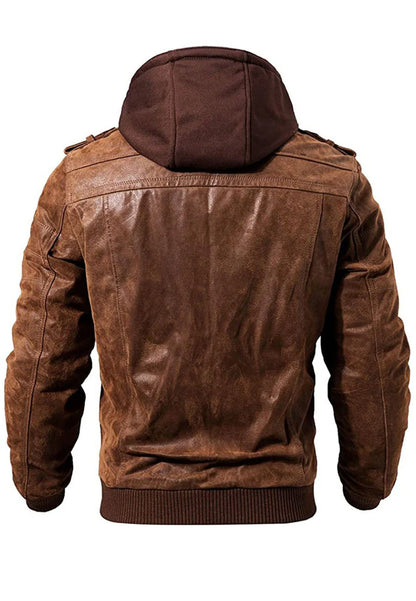 Men’s Tan Brown Leather Bomber Jacket with Removable Hood - Versatile and Stylish