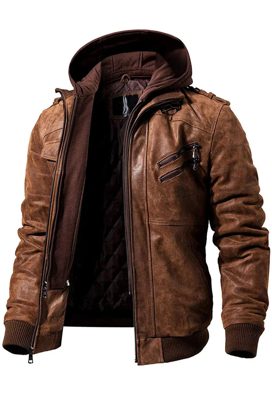 Men’s Tan Brown Leather Bomber Jacket with Removable Hood - Versatile and Stylish