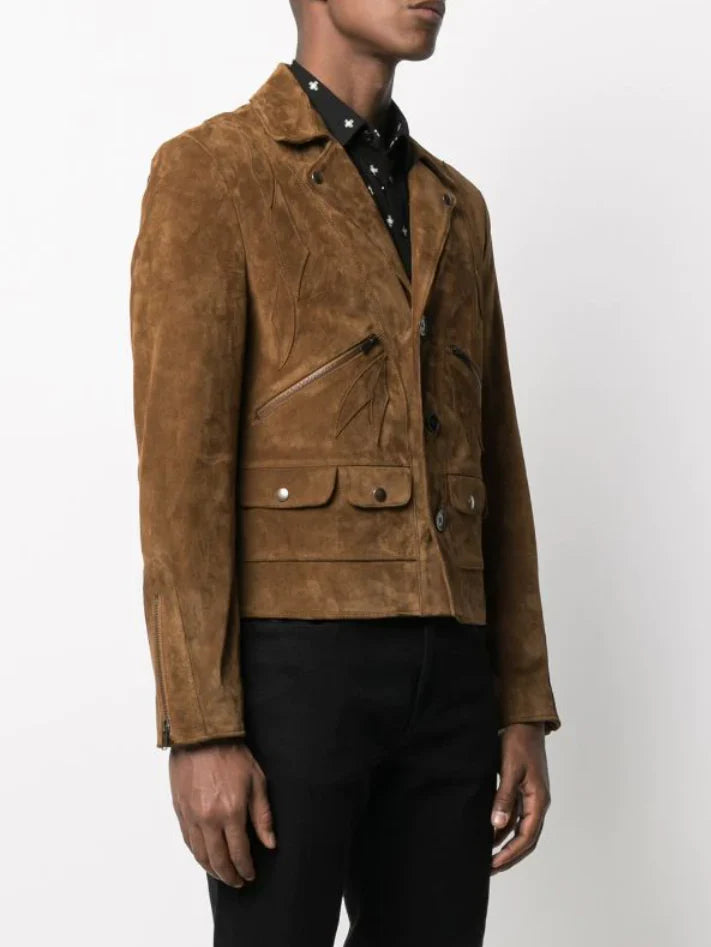 Men’s Tan Brown Suede Leather Biker Jacket - Classic Style and Comfort