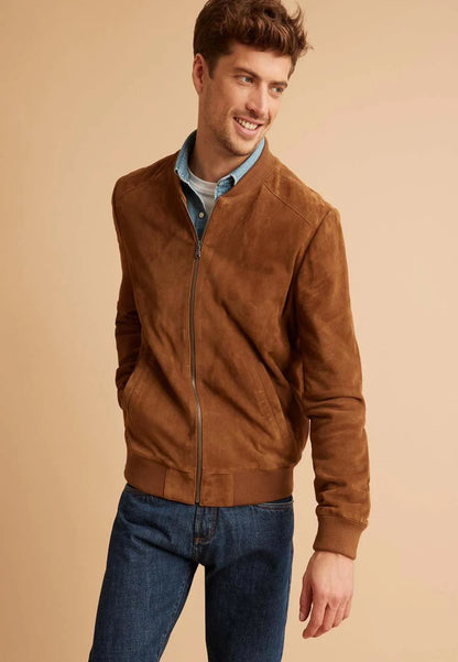 Men’s Tan Brown Suede Leather Bomber Jacket - Classic Style and Comfort